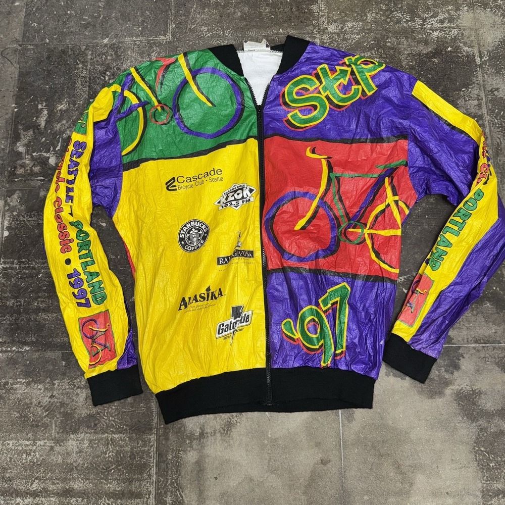 Vintage 90's Seattle To Portland Bicycle Jacket Colorful Cycling Graphin Large